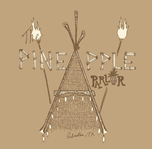 PINEAPPLE PARLOR logo, an illustration of a wooden sign on bamboo poles with text "Pineapple Parlor" with a pineapple within the "O" in Parlor
